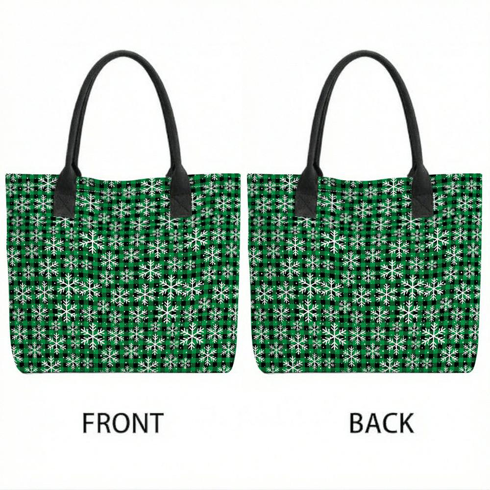 Christmas Green Plaid Snowflake Tote Bag Casual Large Capacity Shoulder Handbag for Daily Use