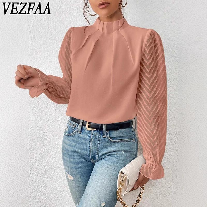 VEZFAA Женская мода повседневная весна осень однотонный принт длинный рукав полуводолазка блузки и рубашки