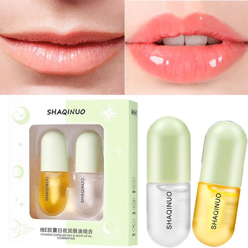 Day Night Instant Lip Plumper Oil Lasting Nourishing Repairing Reduce Lip Fine Line Moisturizing Anti Dry Lip Enhancer Care 2PCS