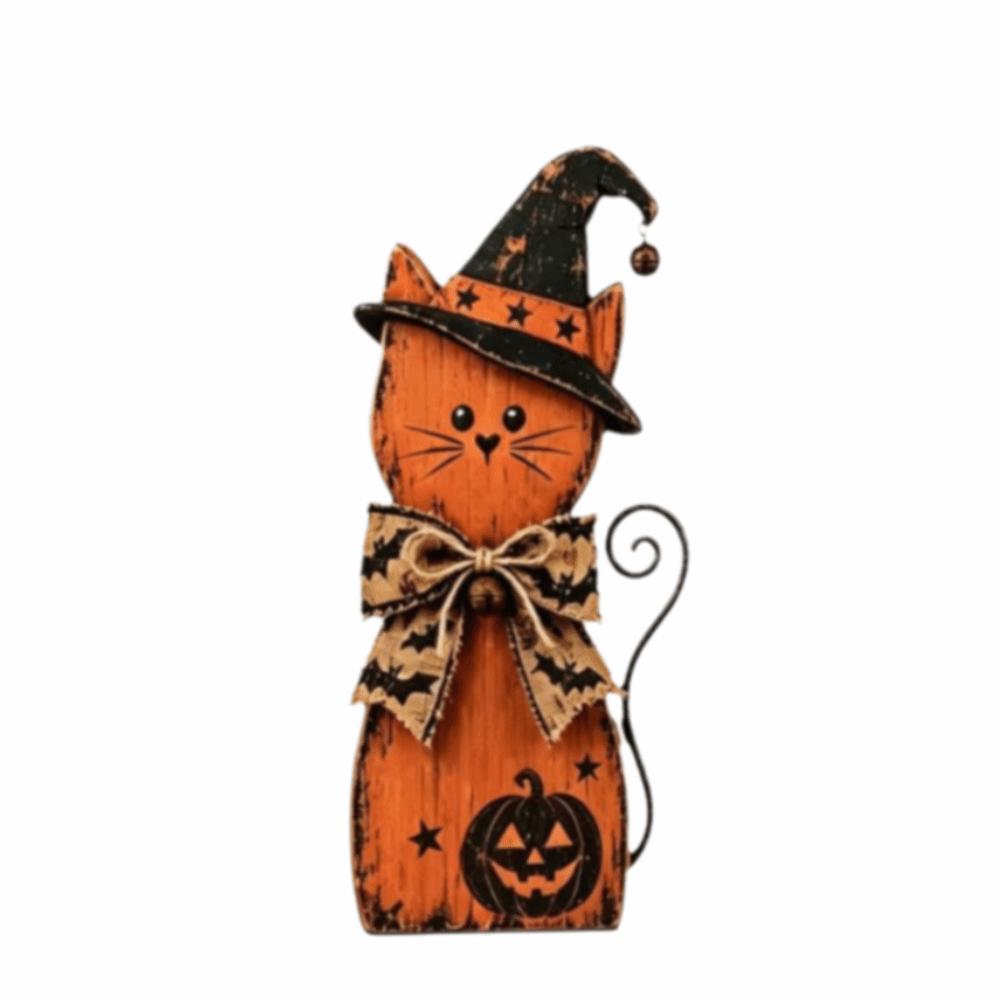 Rustic Witch Cat Decor Double Side Desktop Decoration Wooden Halloween Figurine Indoor Decor