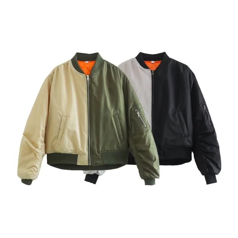 Womens Y2K Streetwear Oversized Color-Block Pilot Jacket Cotton Puffer Coat