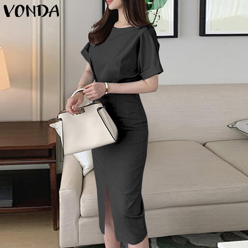VONDA Летнее женское однотонное тонкое длинное платье с короткими рукавами