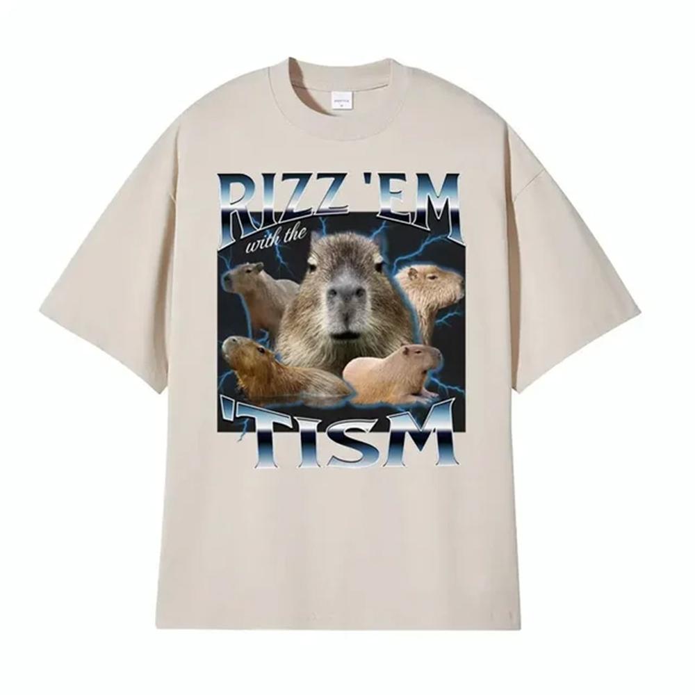 Rizz Em с The Tism Ретро Футболка Смешная Милая Кавайная Капибара Мем Футболка Мужская Женская Повседневная Мода Юмор Короткий Рукав 82904