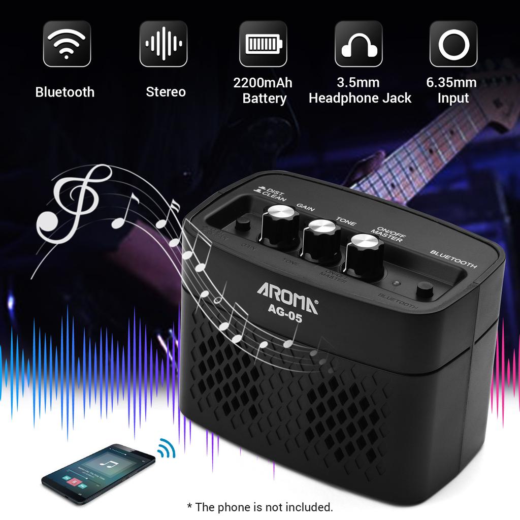 AROMA AG-05 Bluetooth-усилитель для электрогитары, 5-ваттный стереовыход, усиление тона с искажениями