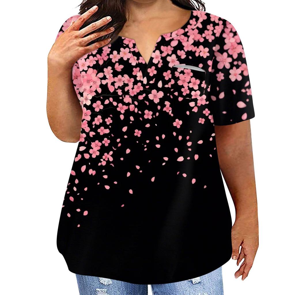 Женская футболка большого размера, повседневный топ с карманами и V-образным вырезом с короткими рукавами