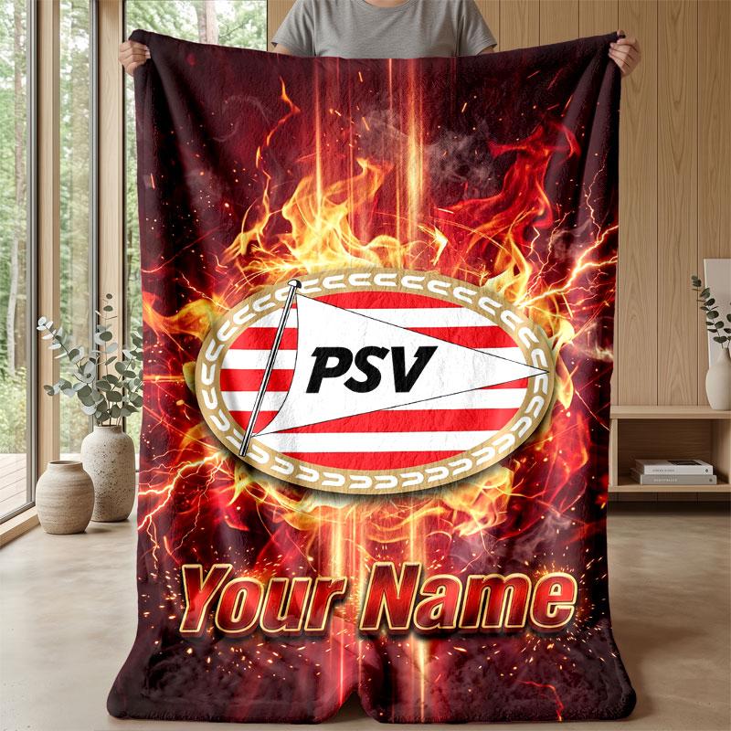 PSV Eindhoven FC Custom Name Text Flannel Blanket Soccer Logo Personalized Fleece Throw Blanket Special Gift For Sofa Bedroom Home