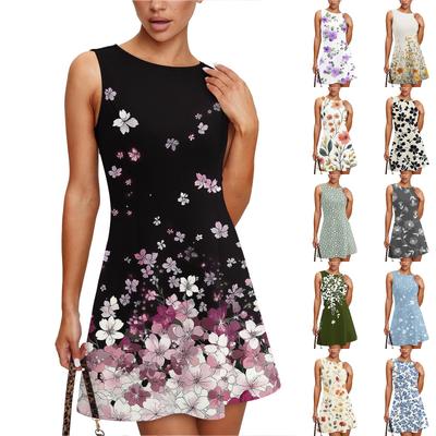 Женское летнее платье повседневное без рукавов с круглым вырезом с цветочным принтом сарафан-майка