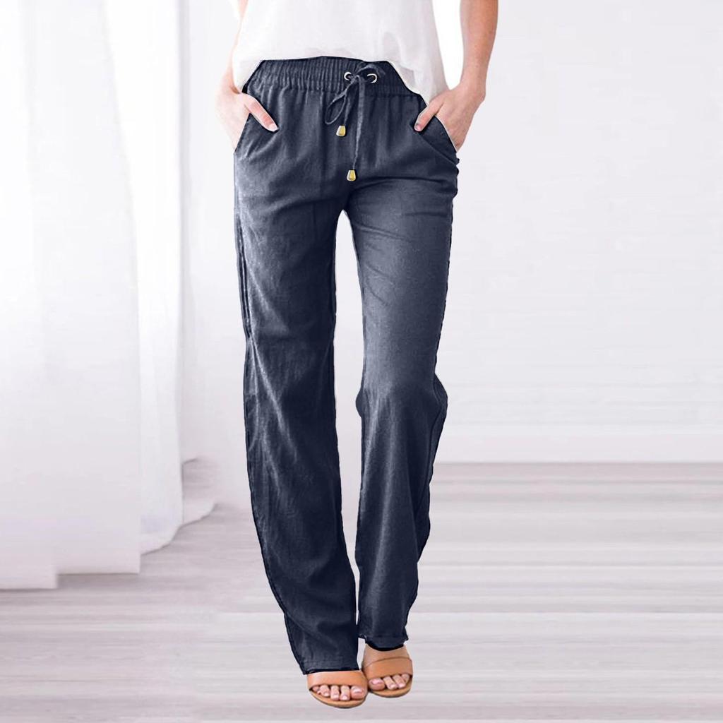 Spring and Summer Women's Solid Color Cotton and Linen Drawstring Loose Casual Wide-leg Trousers