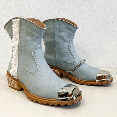 Модные женские ковбойские ботильоны с квадратным носком, брендовые высокие каблуки, новые туфли с цепочкой, женские туфли 2025 года, модные туфли-лодочки, зимняя готическая обувь Botas Mujer