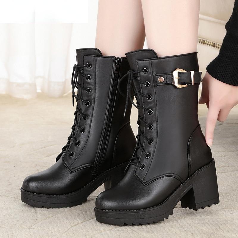 Зимние женские зимние ботинки из натуральной кожи на высоком каблуке, теплые женские шерстяные ботинки в стиле милитари, качественные женские зимние сапоги