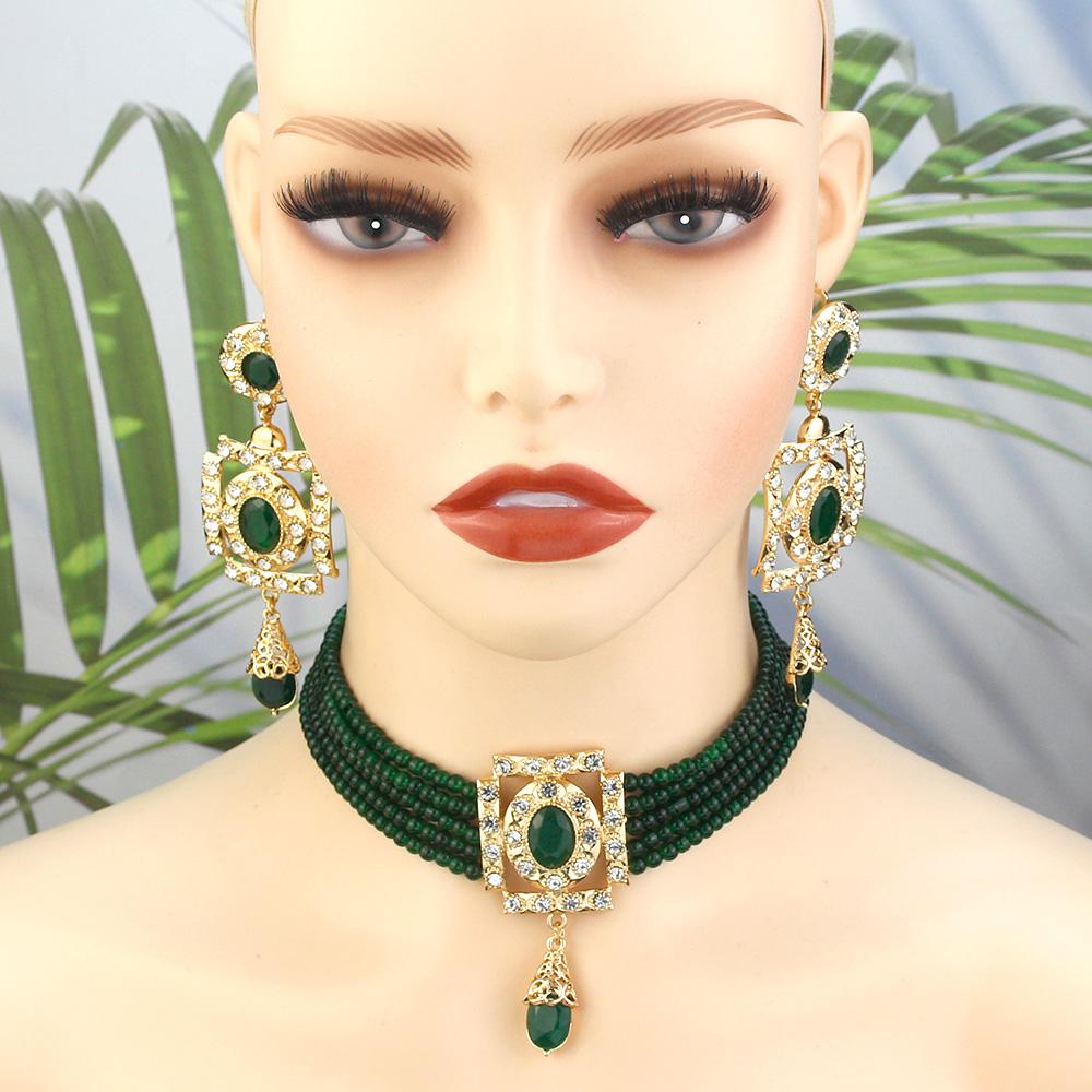 Gold Color Waist Belt Bead Choker Necklace Square Earring Brooch Arabic Bride Jewelry Set For Women