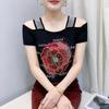 Уличная одежда для девушек, летние футболки, новые шикарные роскошные топы с горячими бриллиантами, классическая женская сексуальная блузка с открытыми плечами, приталенная, с цветочным принтом