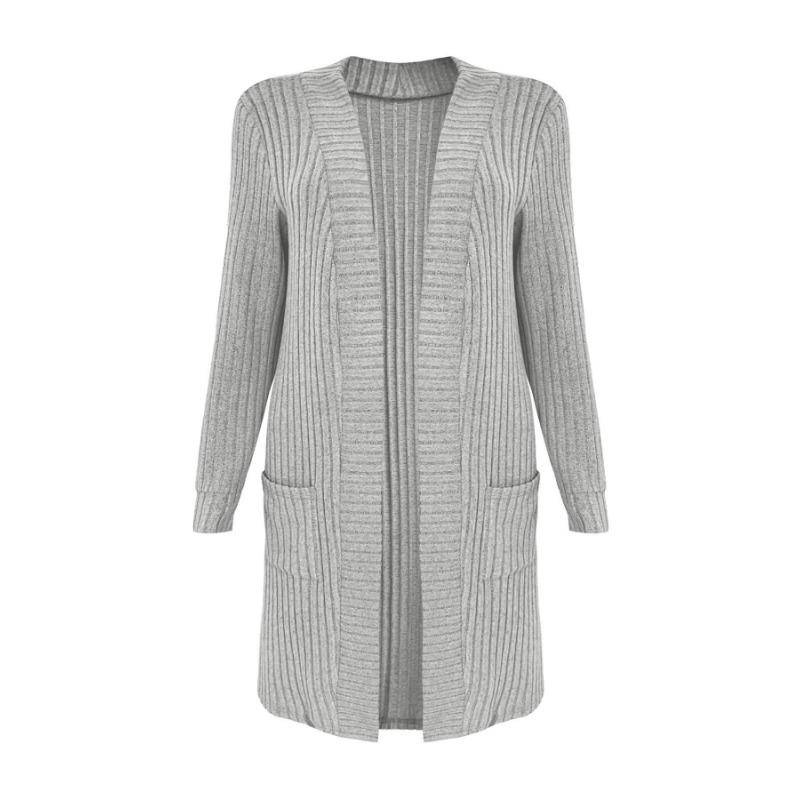 Женская осенне-зимняя длинная однотонная куртка-кардиган с длинным рукавом и свободными карманами