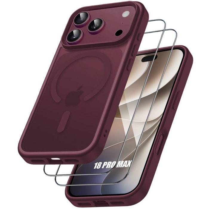 Coque + 2 Verres Trempés pour iPhone 18 Pro Max, Anti-Rayures avec Cercle Magnétique Bordeaux