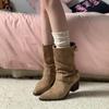 Мода Новый Стиль Модные Сапоги Женские Остроносые Ковбойские Толстый Каблук Наборные Сапоги Новый Стиль Без Колена Широкое Голенище Жиру Женские Сапоги