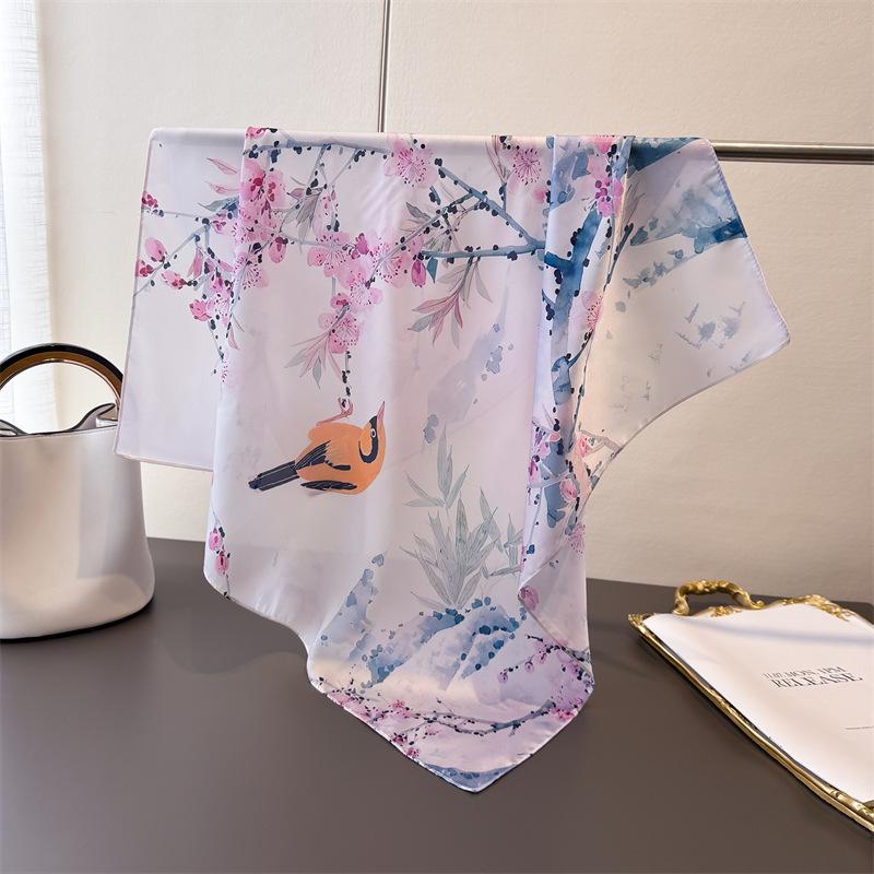 71Cm small square scarf imitation silk scarf headscarf flower and bird Yingchun printing neck protection scarf professional versatile scarf scarf scar