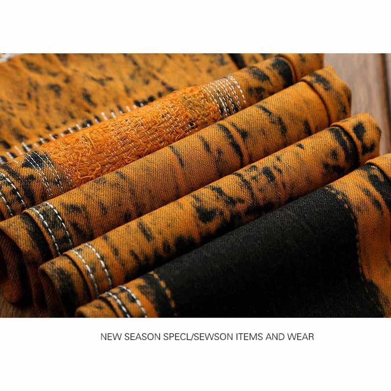 MAITA Men Retro Jeans Personality Hole Patch Slim Straight Jeans Pants for Male Plug Size 28-42