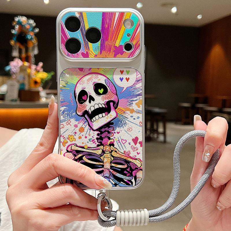 Цветной чехол-шнурок из кожи с рисунком скелета Для iPhone 18 Pro Max Гибридный ТПУ+ПУ Противоскользящая Мягкая крышка Для iPhone 17 16 15 14 13 Pro Max