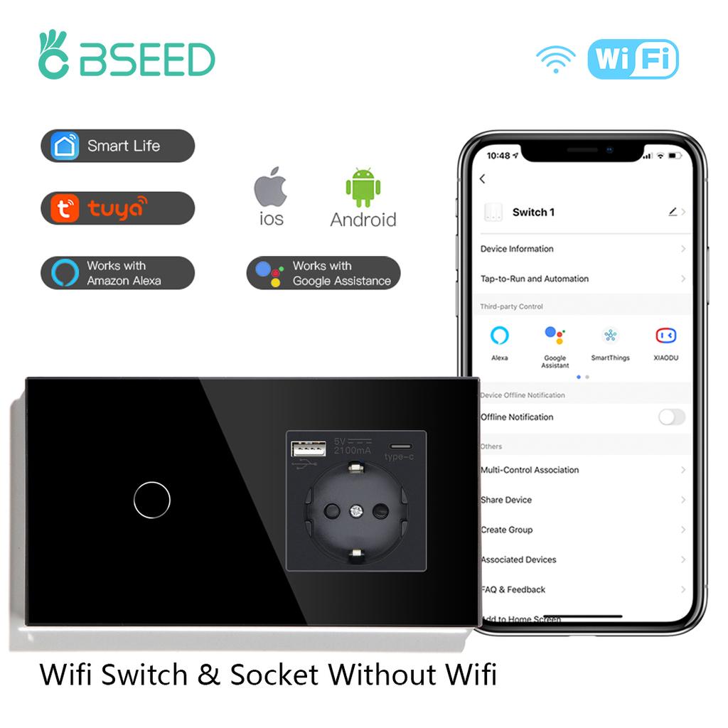BSEED 1/2/3-клавишные Wi-Fi выключатели света, умный сенсорный выключатель, работает с приложением Tuya Smart Life Alexa, EU электрическая розетка, порты USB Type-C