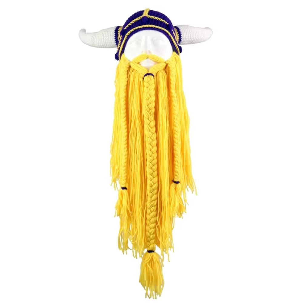Warm Beanie Bearded Funny Caps Hand Weave Big Beard Mask Hat Viking Horn Hat Costume Accessory