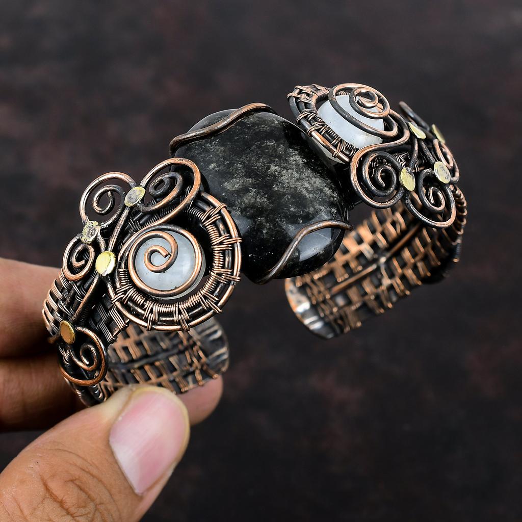 Серебряный браслет с обсидианом и радужным лунным камнем, браслет-манжета из медной проволоки с драгоценными камнями, регулируемый браслет-манжета, ювелирные изделия ручной работы для подарков