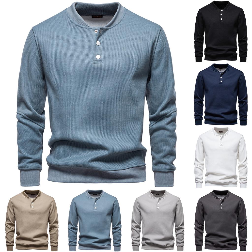 Men's Velvet Long Sleeved Quarter Buttoned Sweatshirt Casual Knit Pullover Baseball Collar
