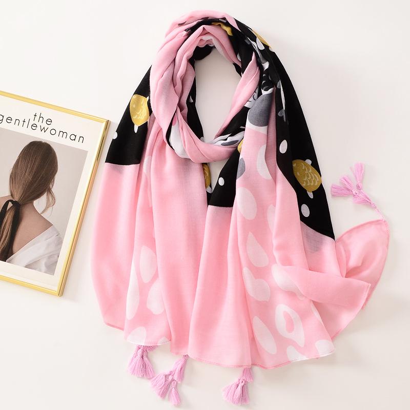 Beige Coffee Scarf Luxury Thin Womens Scarves Spring Floral Hijab Veils Soft Cotton Shawl Wrap Tassel Viscose Muslim Woman Hijab