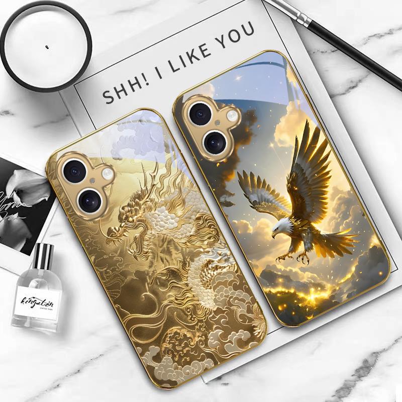 Золотой Цыпленок Роскошный Для iPhone 16E 15 Pro 14 13 Plus 12 mini 11 15Pro 14Max 13Plus XR Xs X 16 Pro Max Золотой стеклянный чехол для телефона