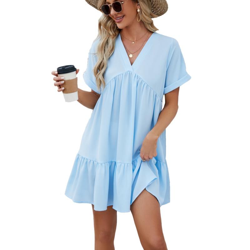 Spring Summer Solid Color V-neck Loose Pleated Dress for Women Casual Dresses