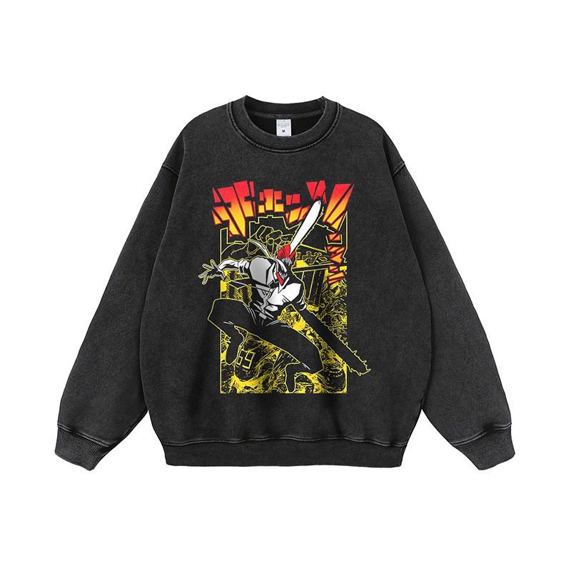 Unisex Oversized Hoodie With Anime Character Print Distressed Wash Cotton Long Sleeve Streetwear