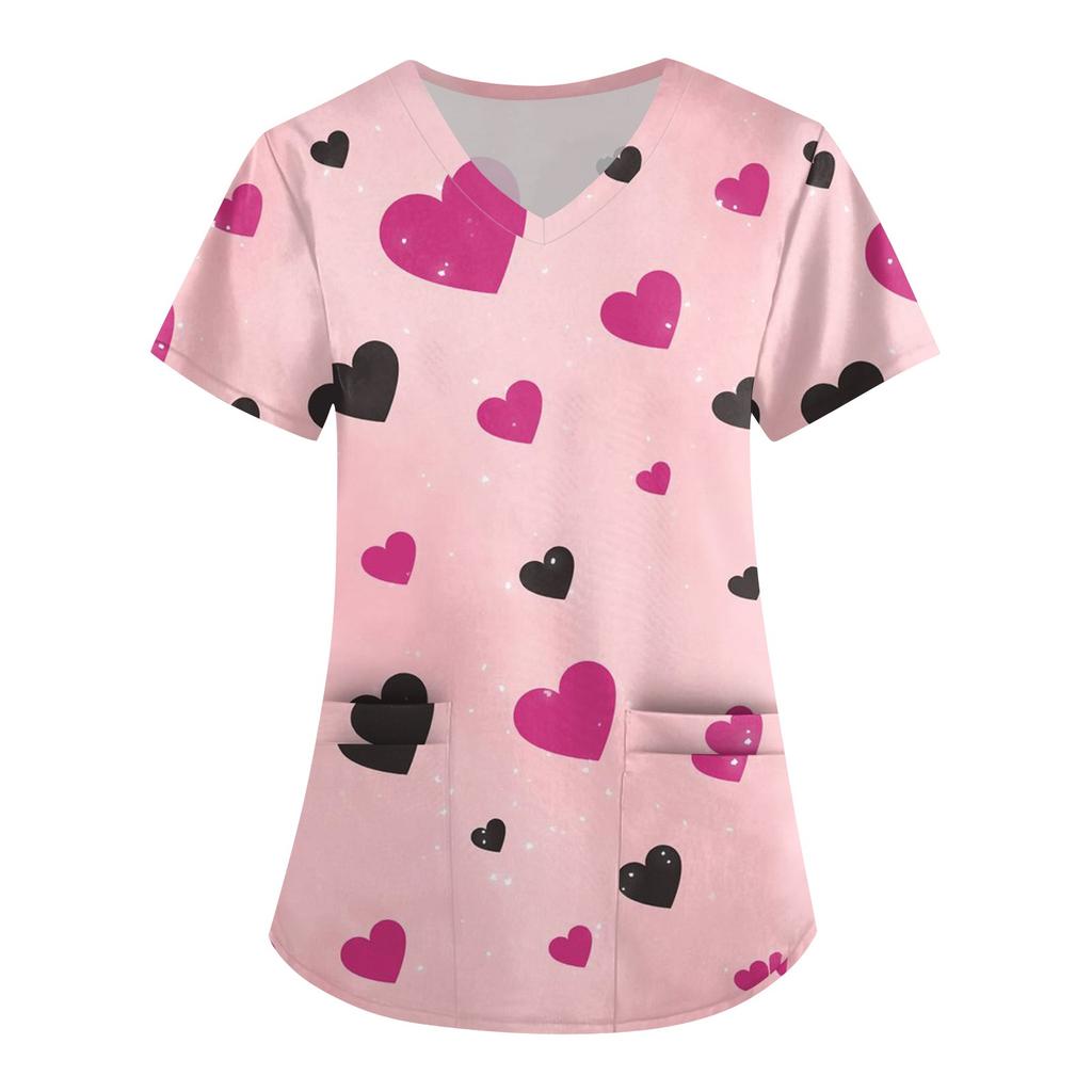 Женская симпатичная принтованная рабочая одежда с V-образным вырезом, двухслойными карманами, базовым коротким рукавом, пуловером ко Дню святого Валентина