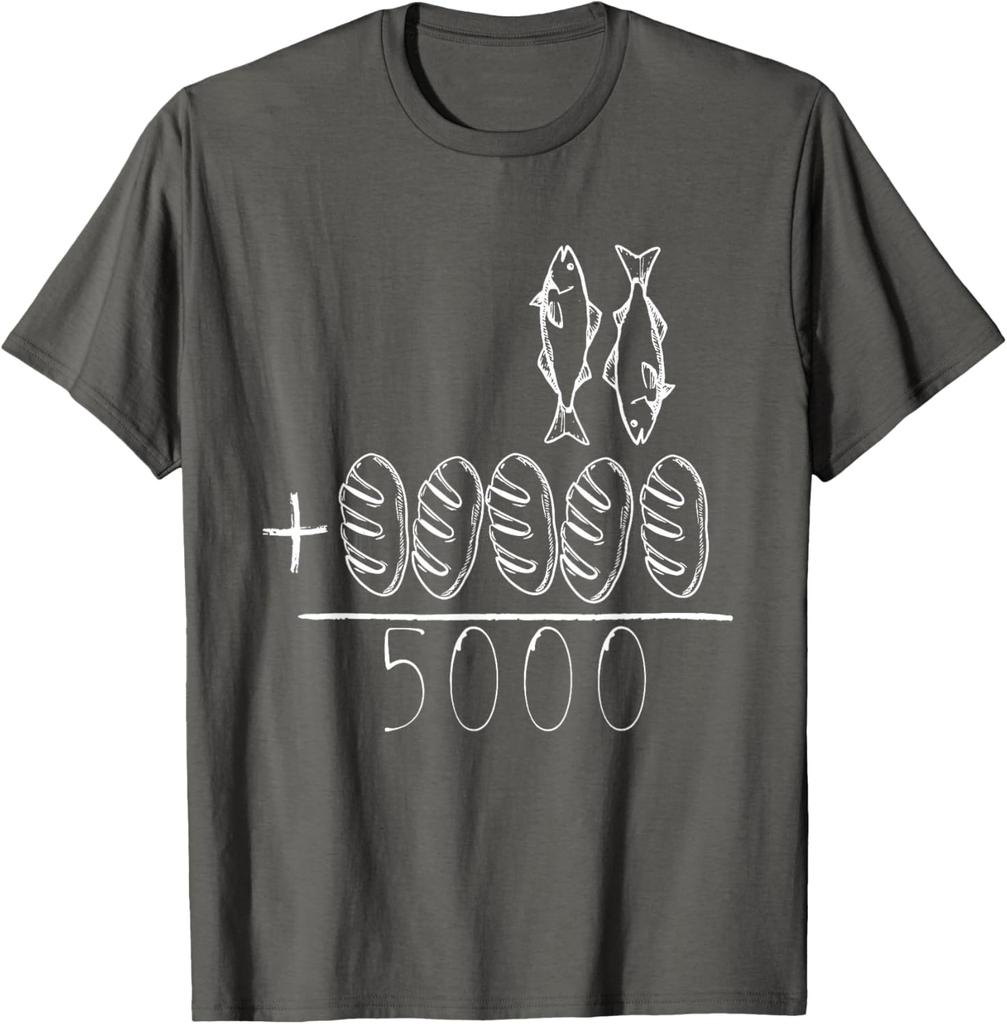 Feeding The 5000 Miracle Jesus Fish Bread Christian Bible Verse Graphic Tee Men Casual Short Sleeve
