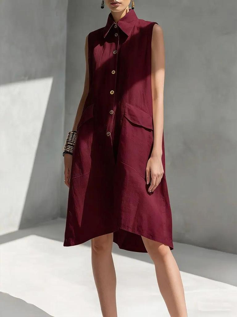 New 2026 European Summer Solid Color Sleeveless Cotton Linen Lapel Dress