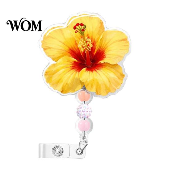 Quiet Rebound Retractable Badge Holder Cute Flower Reels, Nurse Reel Clip with Beaded Convenient One Handed Charm, Floral ID Name Card for Teacher