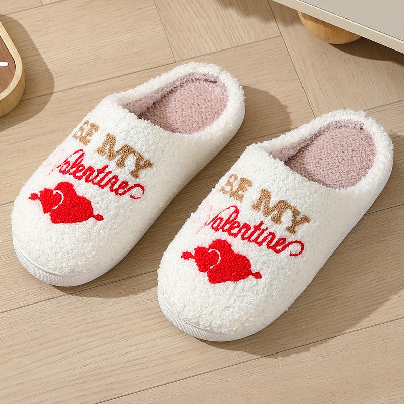 Winter Heart Pattern Fuzzy Slippers Men Women Casual Slip On Plush Lined Shoes Comfortable Indoor Home Valentine's Day Slippers