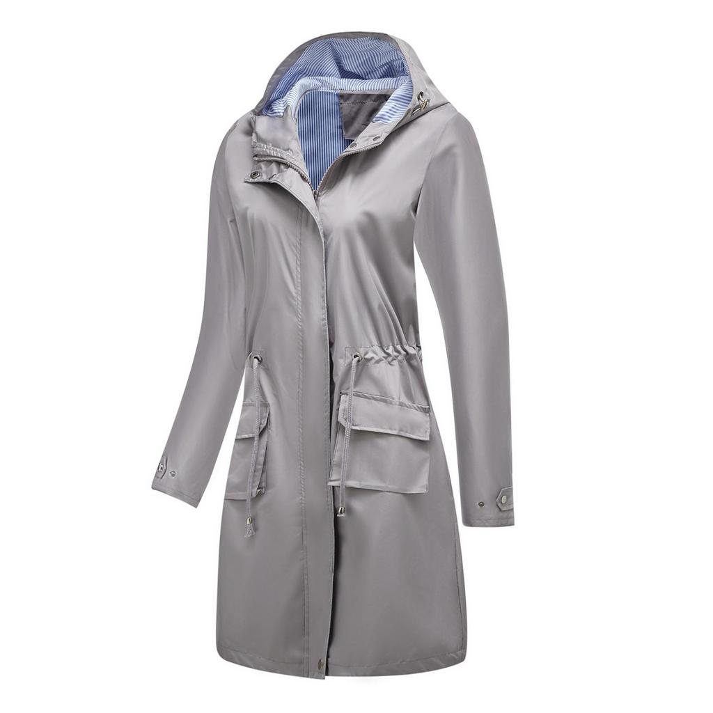 Women's Solid Colored Hooded Long Sleeved Trench Coat With Striped And Straight Tube Jacket