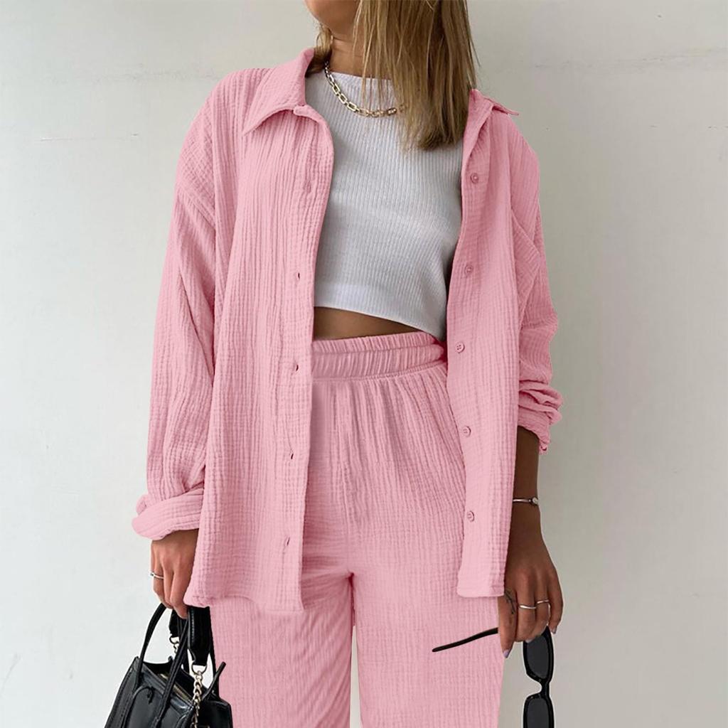 Wrinkled Fabric Women Long Sleeve Shirt Collar Button Down Shirt High Waist Drawstring Shorts Plus Size Casual Two Piece Set
