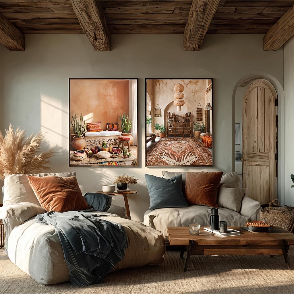 2pcs Moroccan Wall Art Neutral Boho Print Terracotta Cactus Decor Berber Pouf Basket Poster Minimalist Art Bedroom Home Decor