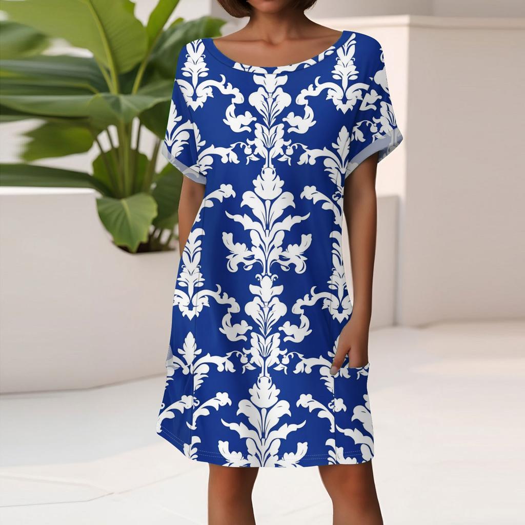 Women's Fashion Short Sleeve Dress With Pockets Floral Print Casual Beach Dress