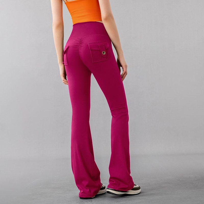 Workwear-Style Pocket Peach Butt Yoga Pants for Women, Flared, High-Waisted, Elastic, Butt-Lifting, Quick-Dry, Running, Fitness Pants