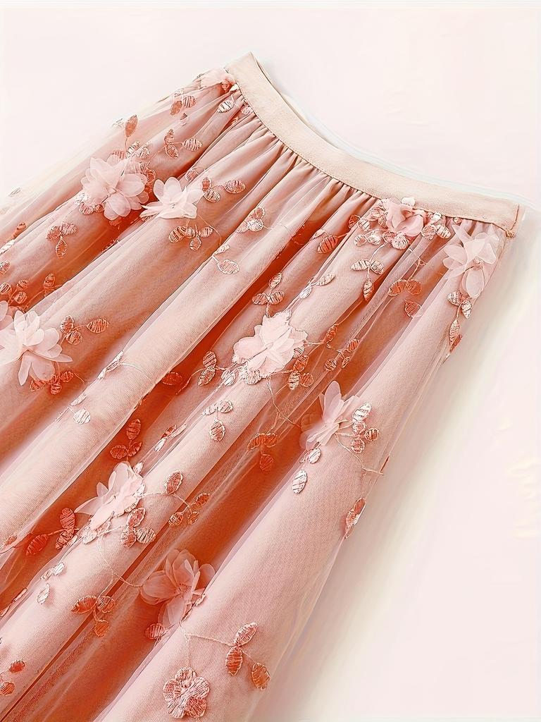 Сетчатая юбка с цветочной аппликацией, повседневная юбка с эластичной резинкой на талии, женская одежда