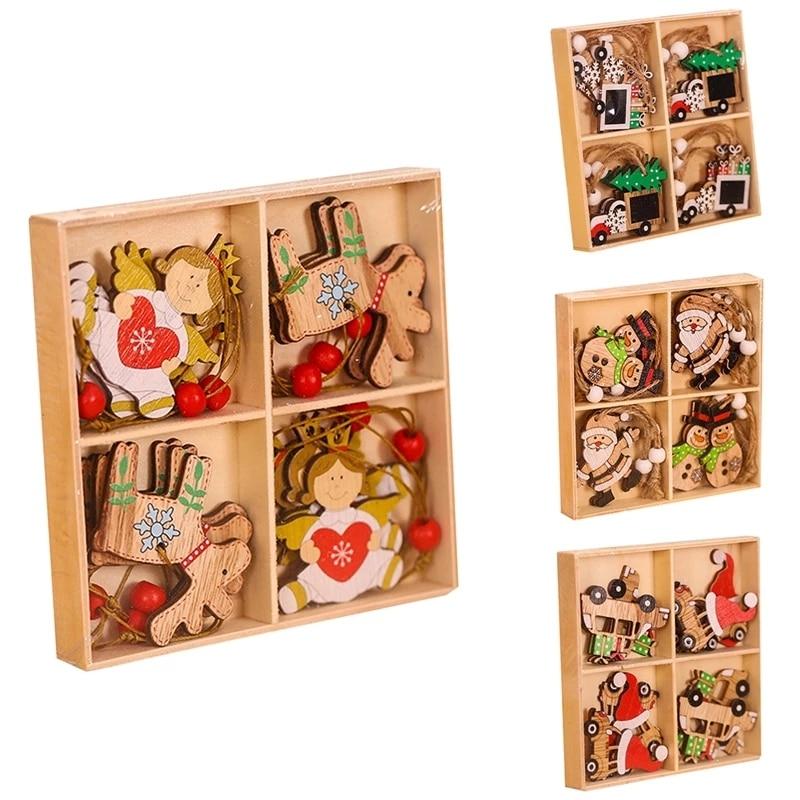 12pcs Santa Claus Snowman Xmas Tree Hanging Ornaments Christmas Wooden Pendant New Year Gift Christmas Decoration