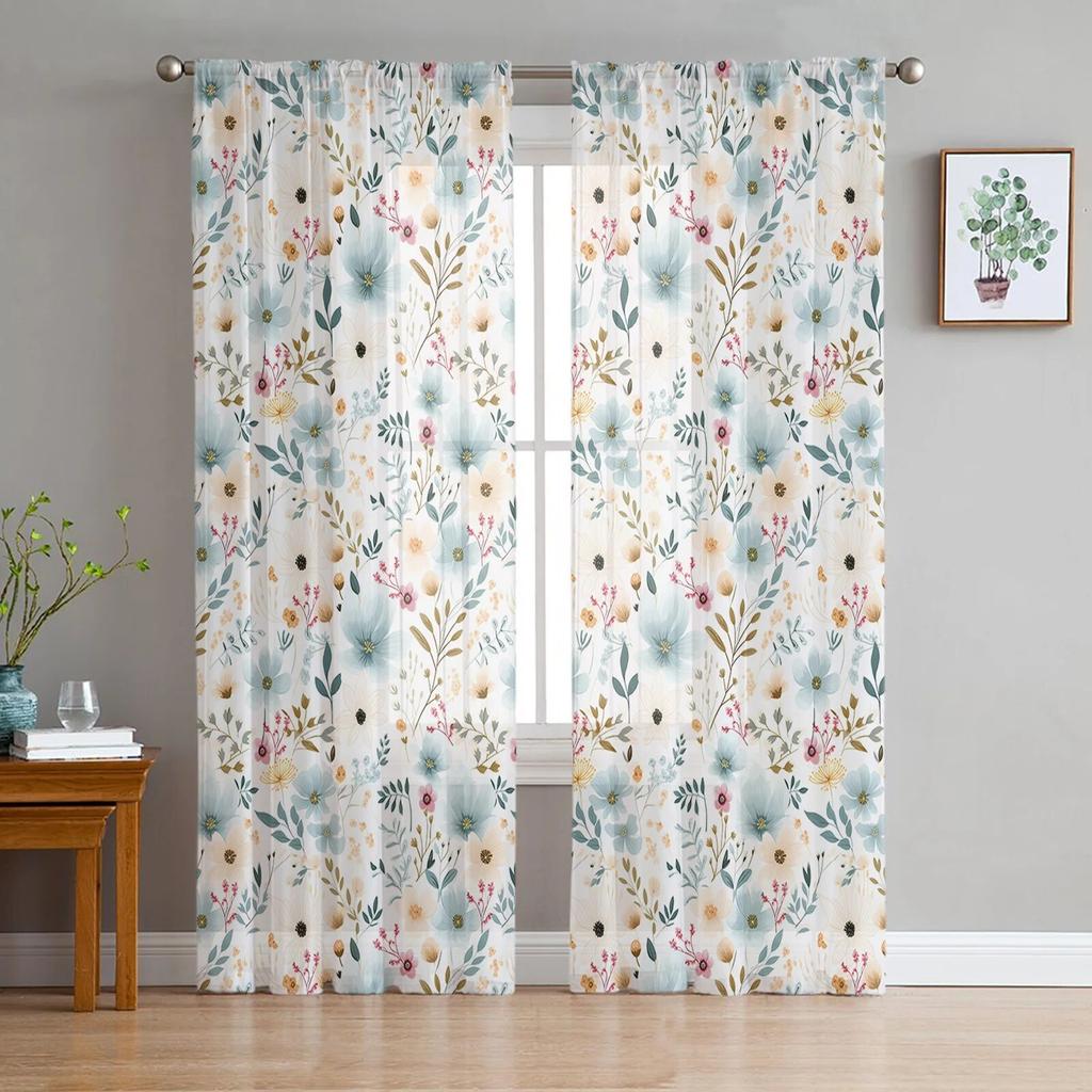 Акварельные растения, цветочная текстура, прозрачные прозрачные шторы для спальни, праздничное украшение, оконная вуаль, тюлевая занавеска