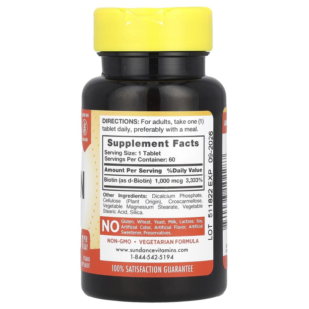 Sundance Vitamins Высокопотентный биотин, 1000 мкг, 60 таблеток