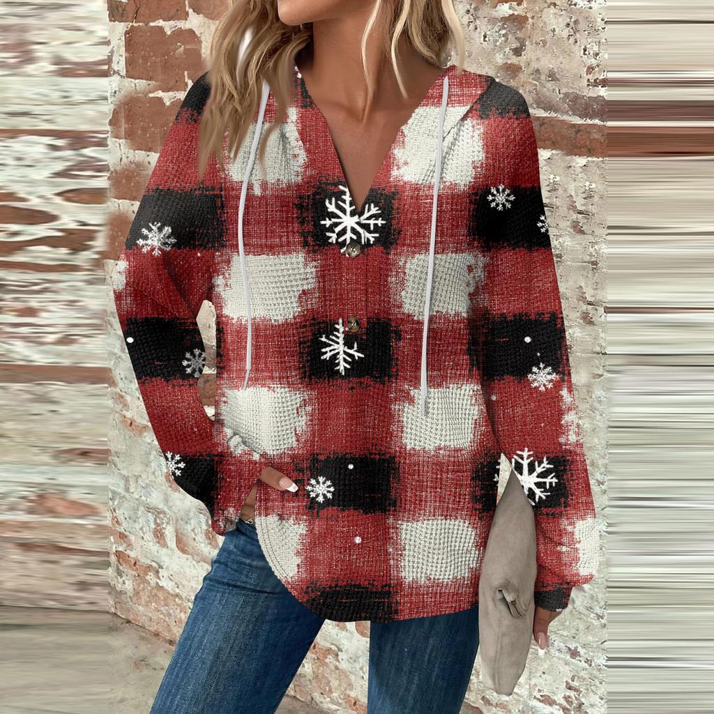 Женская мода с длинным рукавом, завязками на шнурке, капюшоном, пуговицами, V-образным вырезом, повседневная толстовка с капюшоном и рождественским принтом