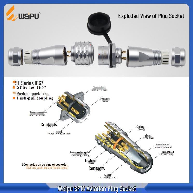 Weipu SF16 Aviation Plug Front & Rear Nuts Square Socket Connector: 2B/3B/4B/5/7/9 Pin