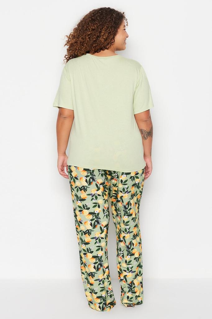 Женский стильный трикотажный пижамный комплект больших размеров с мятным принтом