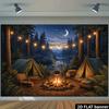 2D flat camping theme banner background - Forest moonlit campfire camping theme