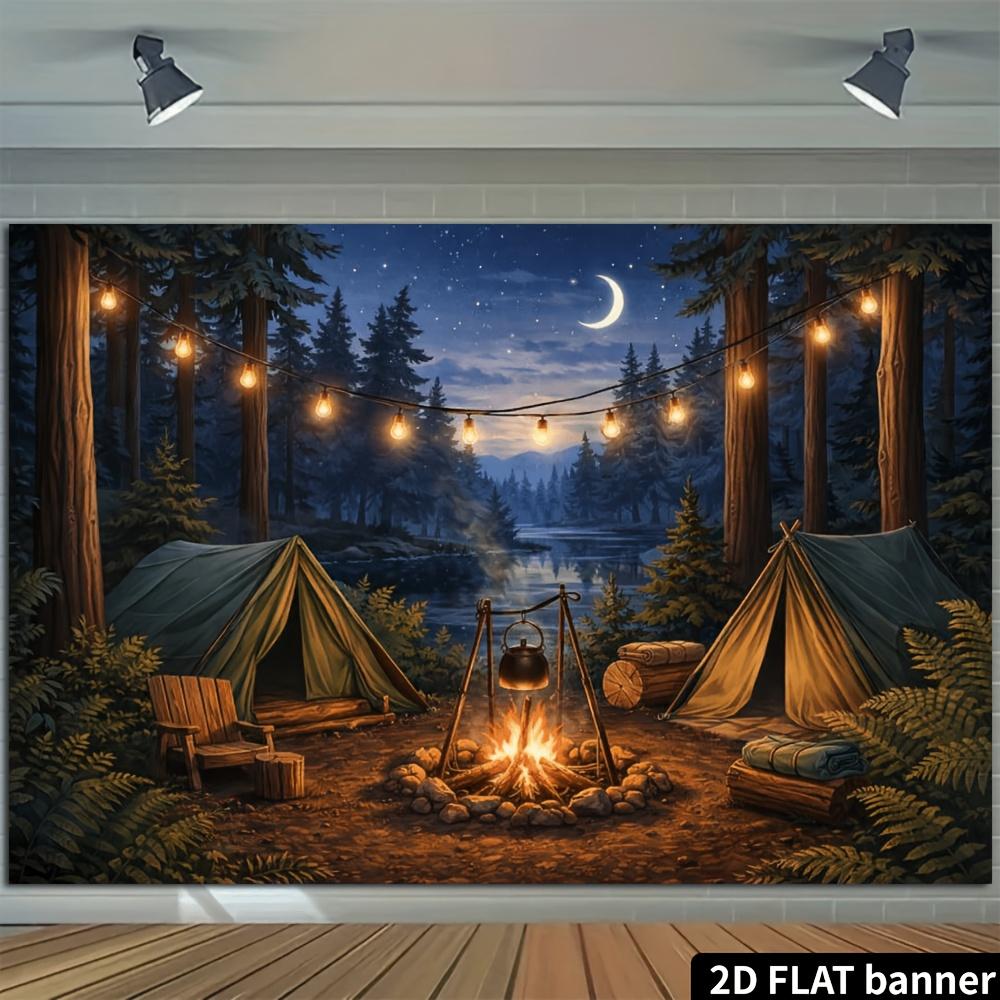 2D flat camping theme banner background - Forest moonlit campfire camping theme