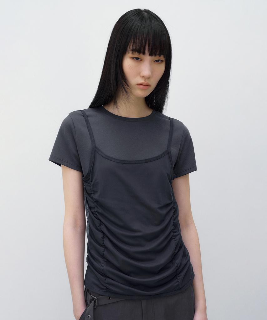 INSILENCE WOMEN Mesh Layered Short Sleeve Charcoal